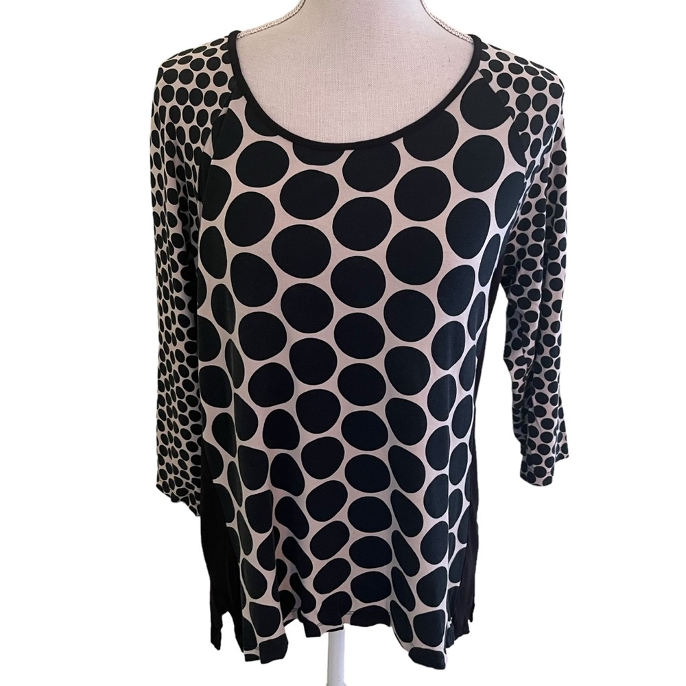 Chico's by Chico's Black/Tan Polka Dot Colorblock Stretch Top 2(M)